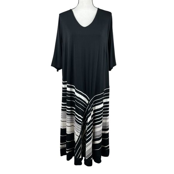 Catherines Women's Midi Dress 1X Black White Striped V Neck Short Sleeve A Line - Picture 1 of 10